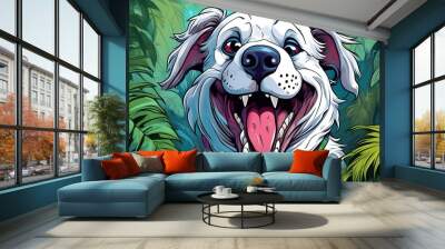 wide colourful illustration drawing with funny cartoon dog character looking with cute playful smile face in green jungle background Wall mural