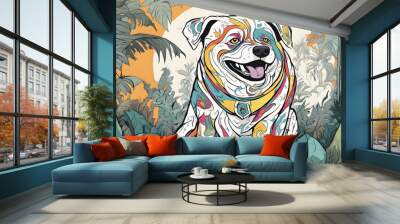 wide colourful illustration drawing with funny cartoon dog character looking with cute playful smile face in green jungle background Wall mural