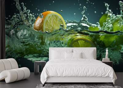 Wide horizontal banner of lime and lemon with slices floating on a flowing water splash with fresh look for fruit juice menu image Wall mural