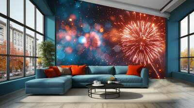 wide horizontal event banner with celebrating, beautiful fireworks on the evening sky of a city Wall mural