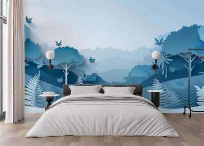 wide horizontal jungle illustration with layers of trees plants and leaves in blue color tones and mountain range 3d background Wall mural