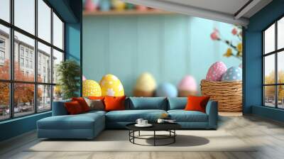 wide horizontal seasonal banner background with colorful hand painted easter eggs on a table   Wall mural