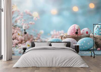 wide horizontal seasonal banner background with colorfull hand painted easter eggs on a table   Wall mural