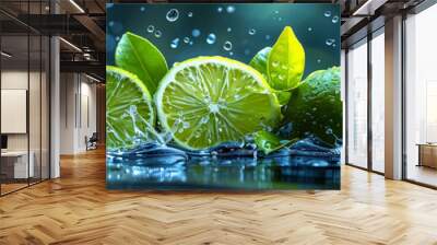 Wide panoramic fruit juice cafe background photo with real set of lime pieces exploding with water splash and floating on water, flowing with clear water splash in blue background Wall mural