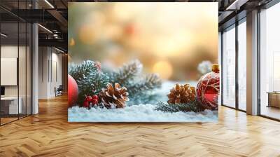 Wide panoramic Xmas décor background banner, gold and red color Christmas balls, pine christmas tree branches and snow  Wall mural