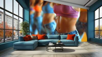 Wide photo, active group of cute girls with slim body wearing vibrant colorful jeans and tops practicing aerobics with the team, tight dresses, Day time background Wall mural