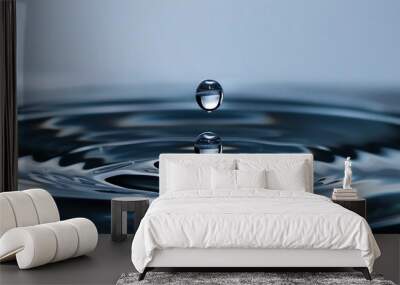 wide photo of realistic transparent water drop and circle ripples background. Wall mural