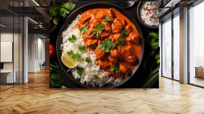 wide top view background food image, butter masala chicken and boiled white rice, Indian traditional food recipe banner image in black color table Wall mural