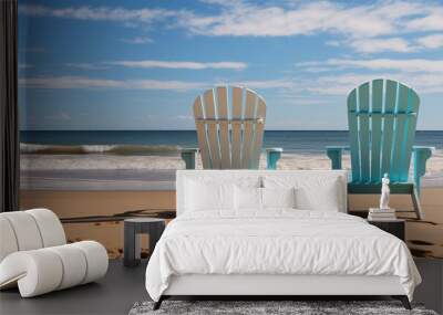 wide tropical beach background with two relaxing chairs and umbrella  Wall mural