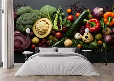 Wide view from above banner image of Vegetarian Day food banner with different types of vegetables and fruit items in a manner on black color wooden table with copy space  Wall mural