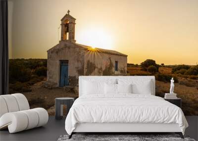 Fantastic morning shot of a remote orthodox church in Gavdos island, Greece Wall mural