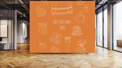 Cozy autumn days text, hand drawn doodle line art icons illustration for posters, cards, banner, social media, editorials.  Wall mural