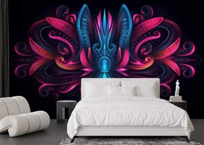 a blue and pink tribal symbol with a black background.Generative AI Wall mural