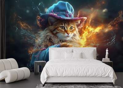 cat wizard casting spell illustration.Generative AI Wall mural