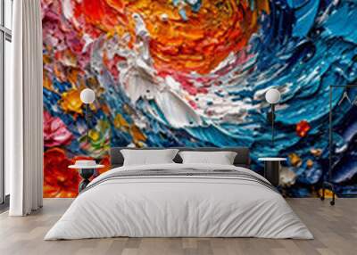 Colorful sky and ocean wave abstract background. Oil painting style. Wall mural