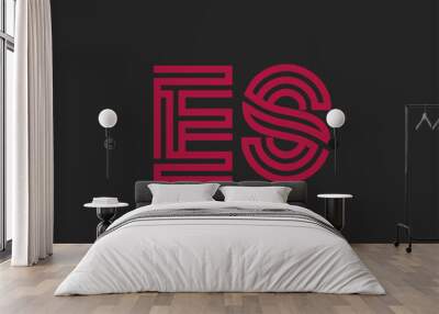 Initial two letter red line shape logo on black vector ES Wall mural