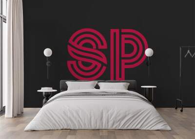 Initial two letter red line shape logo on black vector SP Wall mural