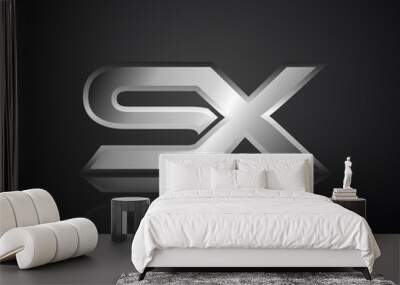 Modern Initial logo 2 letters Silver Metal Chrome simple in Dark Background with Shadow Reflection SX Wall mural