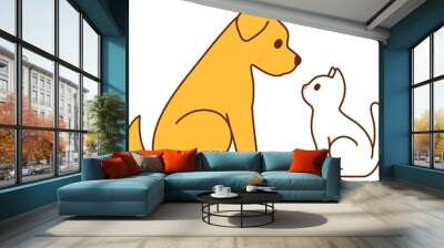 Cartoon cat and dog sitting facing each other, simple drawing. Golden labrador and white kitty. Cute vector clip art illustration. Wall mural