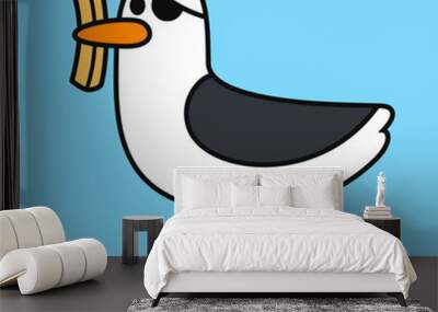 Funny cartoon seagull with french fry drawing Wall mural