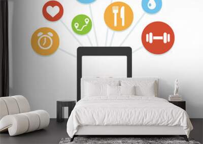 Health monitoring smartphone app with various wellness icons. Simple and modern flat vector style. Wall mural