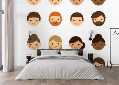 Set of diverse male and female avatars isolated on white background. Different skin tones, hair colors and styles. Cute and simple flat cartoon style. Wall mural