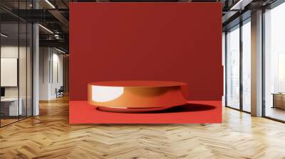 3D Shiny gold round steel podium stage on vibrant red counter table with maroon red wall background for luxury beauty, cosmetic, jewelry product display elegant backdrop. Chinese new year Wall mural