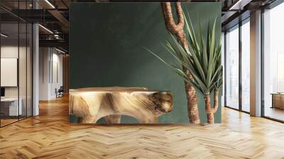 Beautiful grain, natural shape wooden podium table, dracaena tree in sunlight, leaf shadow on matte green wall for luxury organic cosmetic, skincare, beauty treatment product background 3D Wall mural