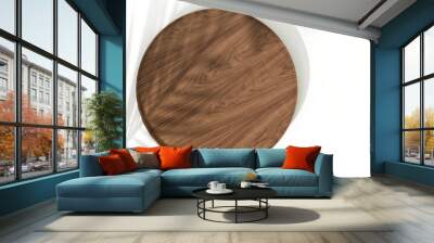 Beautiful wood grain round wood podium dish in sunlight, tropical palm leaf shadow on white table countertop, wall for nature luxury organic cosmetic, skincare, beauty treatment product background 3D Wall mural