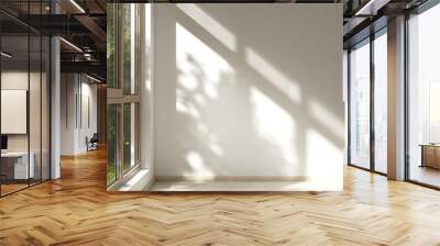 Empty room with white wall in sunlight from brown window blind, tree shadow on wood laminated floor for luxury, minimal interior design decoration, architecture, product background 3D Wall mural