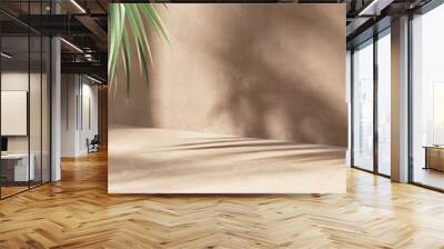 Modern empty brown concrete counter table top, green palm tree in sunlight, leaf shadow on stucco texture wall for luxury organic cosmetic, skincare, beauty treatment product display background 3D Wall mural