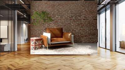 Old Industrial loft red brick wall living room, retro mid century leather armchair, side table, tree in sunlight from black window for interior design decoration, product background 3D Wall mural