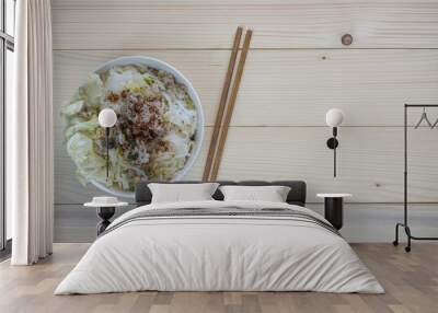 Bowl noodle with vegetable on wooden background  Wall mural