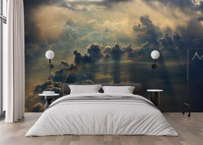 aerial view of blue cloud with light ray and sun beam Wall mural