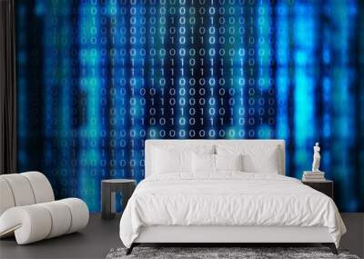 binary code data bit screen display on laptop computer screen. matrix of data flow. Rise of the big data AI age. artificial intelligence data transfer. Digital concept, high tech defocused blue light Wall mural