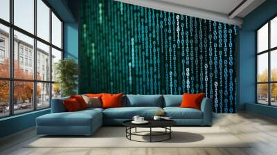 blue led display screen showing one and zero number binary code data. internet information transfers concept background for technology advancement work. Wall mural