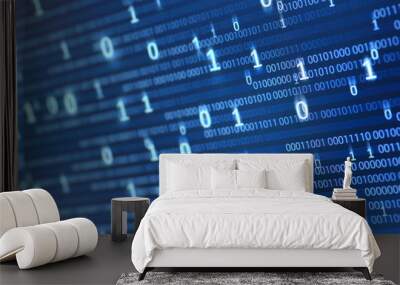 Computer display screen with binary code moving in the background. text moving in matrix code style from top moving downward to the bottom of the screen. Wall mural