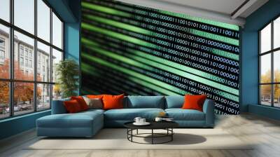 flowing data transfer. data motion movement background. green blue digital binary code bit moving side way Wall mural