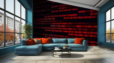 red binary code. computer technology background. red binary code computer language data transfers. unsecured and dangerous big data and ai artificial intelligence cyber network. Wall mural