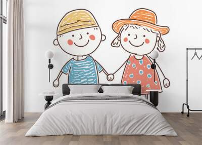 Children hand-drawn the grandparents for Happy Grandparents Day. Stick figure illustration isolated on a white background Wall mural