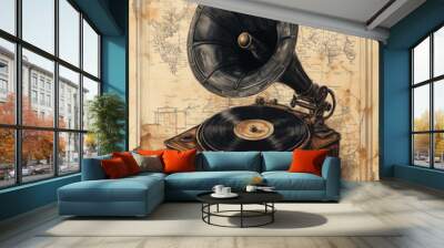 Vintage engraved gramophone map background card design Wall mural