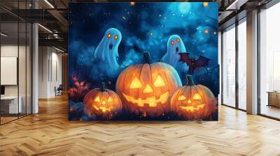 Watercolor Neon colored Illustration Artwork Creative Pumpkin Halloween Wallpaper Background Wall mural