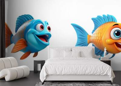 3d cartoon fishes isolated on transparent background Wall mural