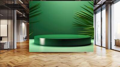 Indoor Tropical Flora with Lush Green Palm Leaves. green 3d podium background Wall mural