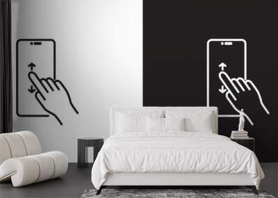 Finger gesture icon scrolling smartphone screen, outline style of finger tuching and scrolling phone icon, tapping screen icon vector in black and white background. Editable strokes, Eps10. Wall mural