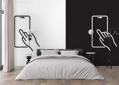 Simple finger gesture icon touching smart phone screen, finger tuching and scrolling phone icon outline style, Tapping screen icon vector in black and white background. Editable strokes, Eps10. Wall mural