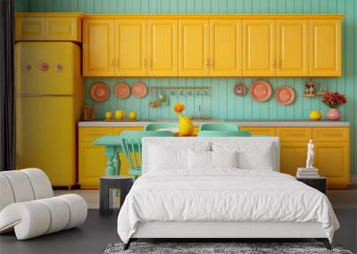 Vibrantly colored kitchen with bright yellow cabinets Wall mural