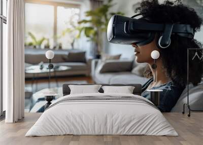 A young woman wearing a VR headset, seated on a couch, looking to the right, in a living room. Wall mural