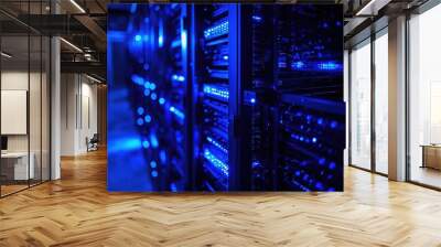 Rows of server racks illuminated in blue light in a data center. Wall mural