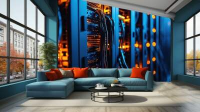 Rows of server racks with blinking lights and cables in a data center. Wall mural